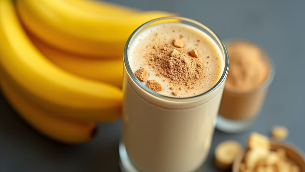  closeup of banana smoothie with protein powder in a glass. blended vegetarian shake drink, vegan whey after workout or training in the gym, bodybuilding supplement