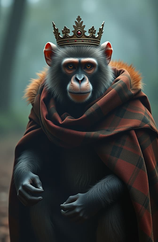  monkey has a king hyperrealistic, full body, detailed clothing, highly detailed, cinematic lighting, stunningly beautiful, intricate, sharp focus, f/1. 8, 85mm, (centered image composition), (professionally color graded), ((bright soft diffused light)), volumetric fog, trending on instagram, trending on tumblr, HDR 4K, 8K