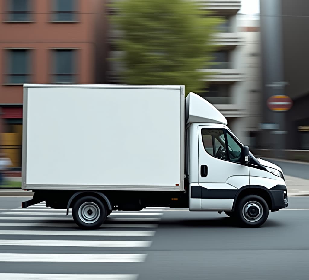  empty blank white mockup on the small truck vehicle driving through the city street, template for advertisement. commercial business transport delivery cargo, side view