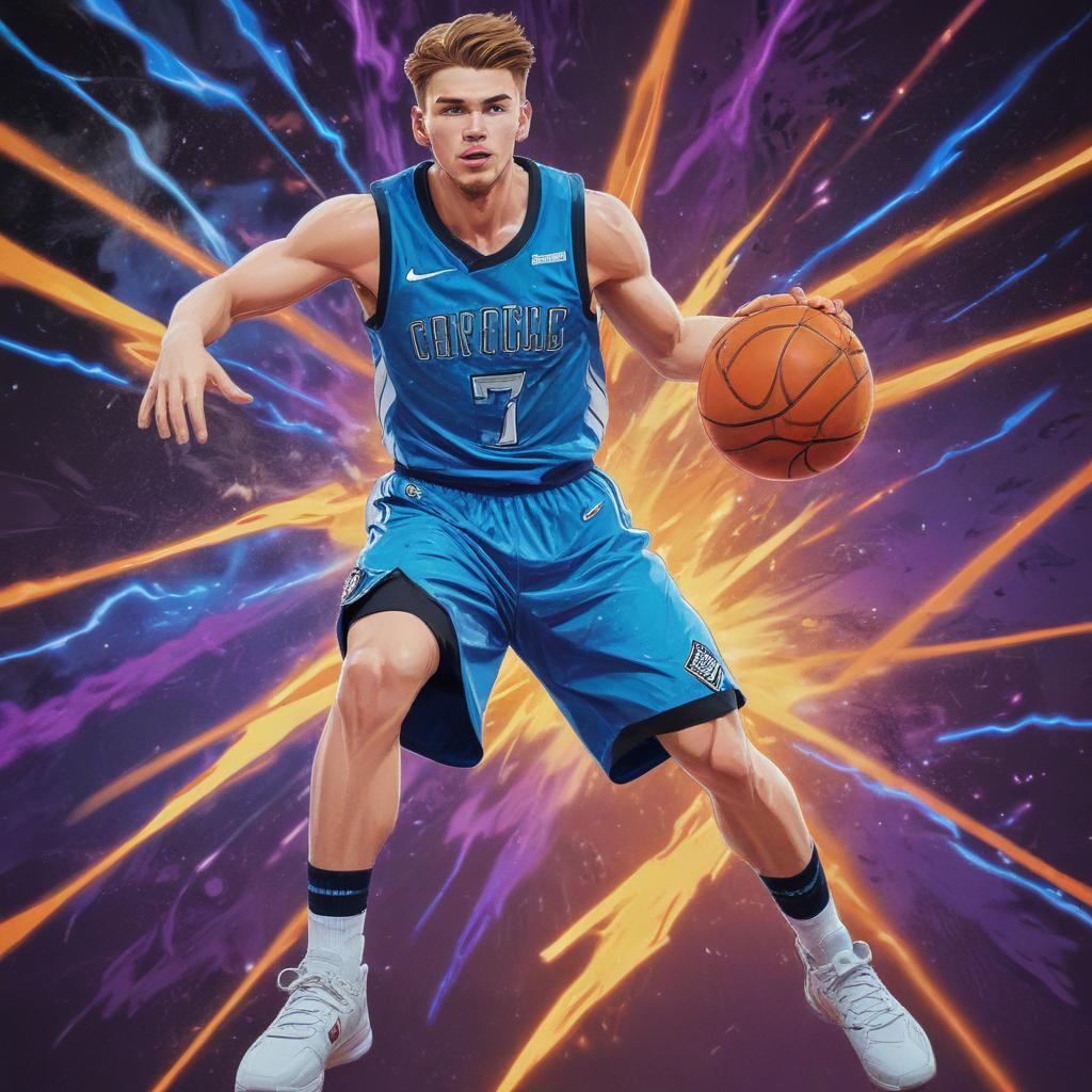 distance-shot, flashy, full-body, dynamic, holographic, animated cartoon poster of luka doncic in the style of dragon ball super