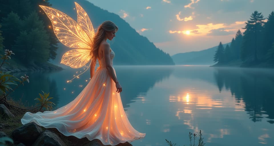  a serene fairy with luminescent wings, standing on the edge of a shimmering, magical lake at twilight. her glowing dress flows around her, creating an atmosphere of quiet introspection and truth.. the style is digital art illustration,highly detailed, whimsical,magical, dreamlike atmosphere, realism and fantasy blend, smooth, glossy textures,luminous quality, wonder and enchantment.