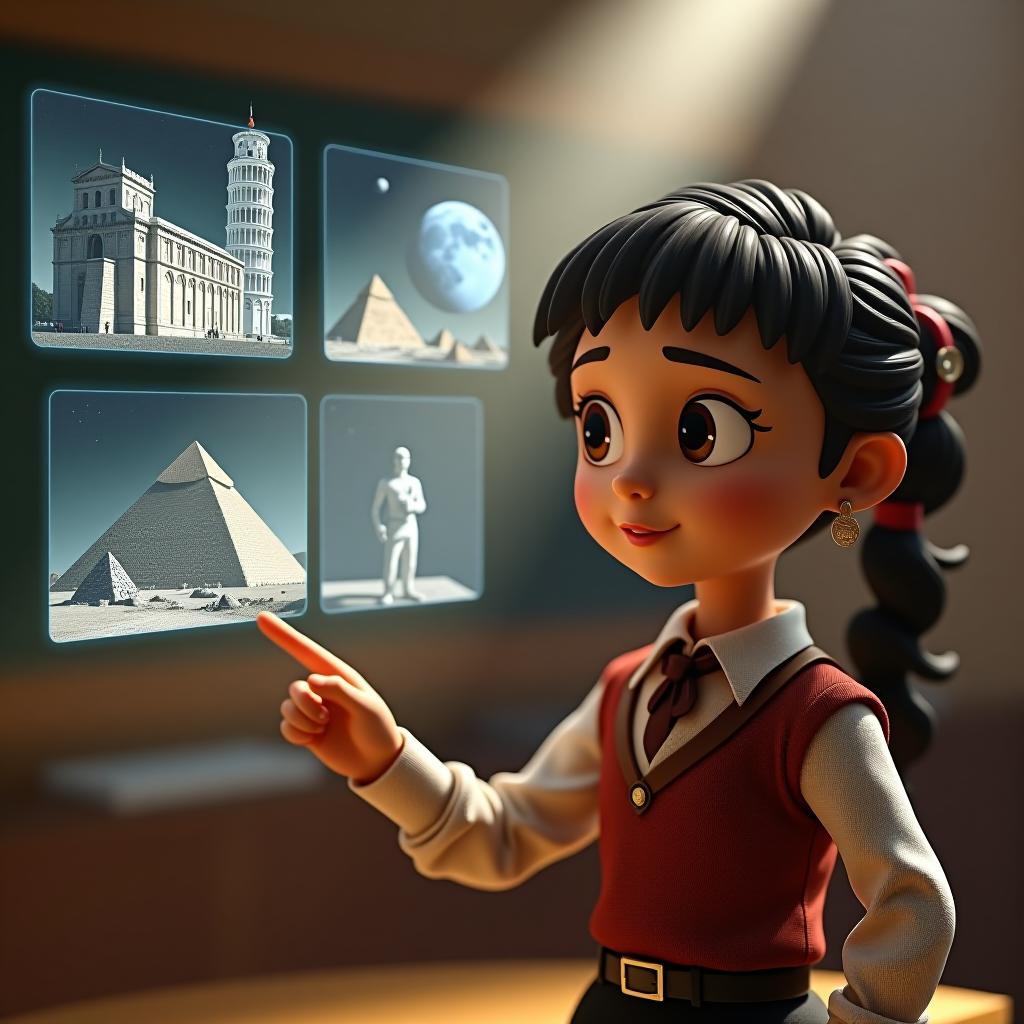  create a high quality, photorealistic image that vividly depicts the following scene: animated character educating, hand pointing on floating holographic images of historical landmarks – the great wall of china, leaning tower of pisa, pyramids of egypt, bustling british and zanzibar 1896 battleground, and cleopatra against a backdrop of the moon landing. character's expression curious, eyes sparkling, dramatic spotlight highlighting facial features. steampunk inspired attire, vintage classroom setting, dust particles floating in ray of light. epic cinematic rendering, warm earthy palette, motion blur, ultra wide angle, nikon d850, f/2.8, iso 800, 1/120s, 4k uhd, raw, natural frame within frame composition. the image should:  hyperrealistic, full body, detailed clothing, highly detailed, cinematic lighting, stunningly beautiful, intricate, sharp focus, f/1. 8, 85mm, (centered image composition), (professionally color graded), ((bright soft diffused light)), volumetric fog, trending on instagram, trending on tumblr, HDR 4K, 8K