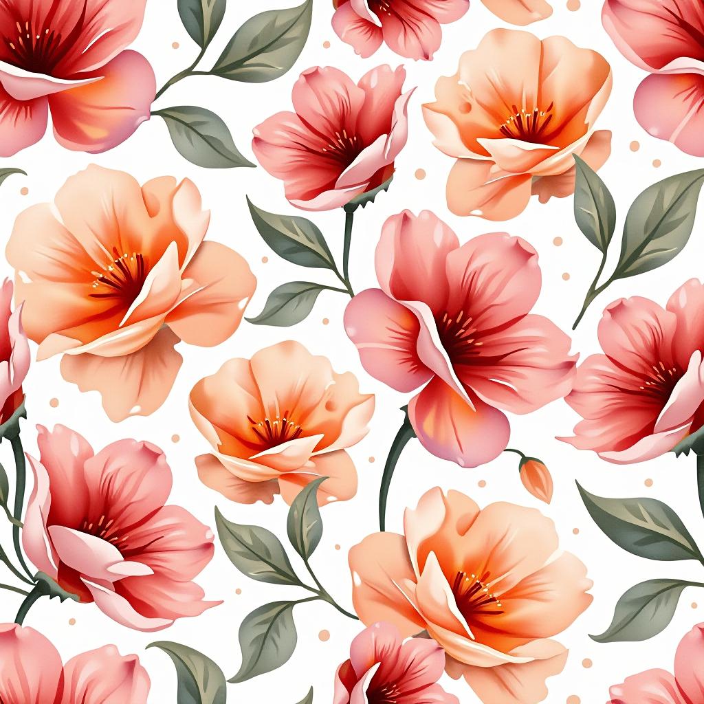  create a seamless digital design featuring a pattern of large, beautiful flowers with soft, watercolor like effects. the flowers should cover the entire surface, creating a bold, elegant, and continuous look. the overall style should be light and airy, with delicate leaves and petals to enhance the natural, floral theme. the design should be seamless to ensure it can be used in repeating patterns or wraps.