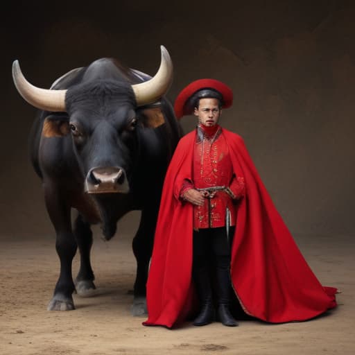 Torero de dos costume rouge avec capote et muleta face à un taureau noir dans une arenes