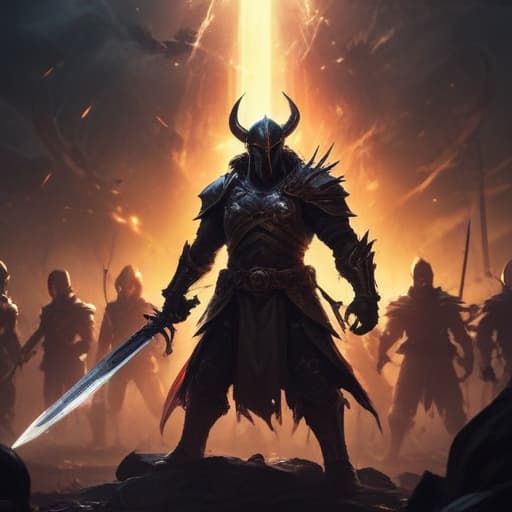 In the ethereal realm of darkness, a lone warrior stands surrounded by a legion of shadowy figures. The hero, clad in shimmering armor, raises their sword high as a burst of light emanates from their body. The shadowy figures, twisted and contorted, begin to crumble and fade away, their essence turning into a dark energy that swirls around the hero. In the background, a sinister aura looms, casting a foreboding presence over the battlefield. The clash between light and dark is imminent, as the hero prepares to unleash a devastating blow in the name of victory. fantastical creatures or characters inspired by mythology, folklore, or popular culture. use vibrant colors, sharp lines, intricate details, dynamic poses, dramatic lighting, atmosphe