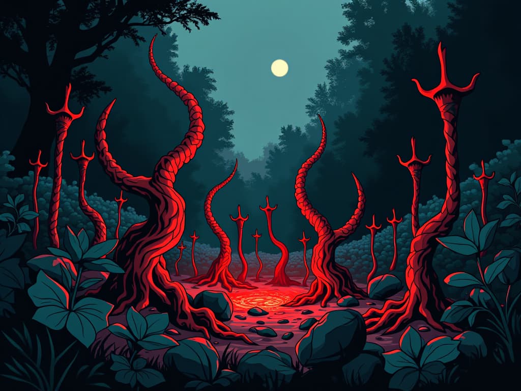  garden with twisted plants, seeds sprouting unsettling growths, sense of doubt and unrest. the style is digital art illustration / modern comic book / graphic dark novel fantasy and mysterious occult, symbolic, moody lighting, esoteric vibe,high detail on character design. for the color scheme emphasize blacks and reds.