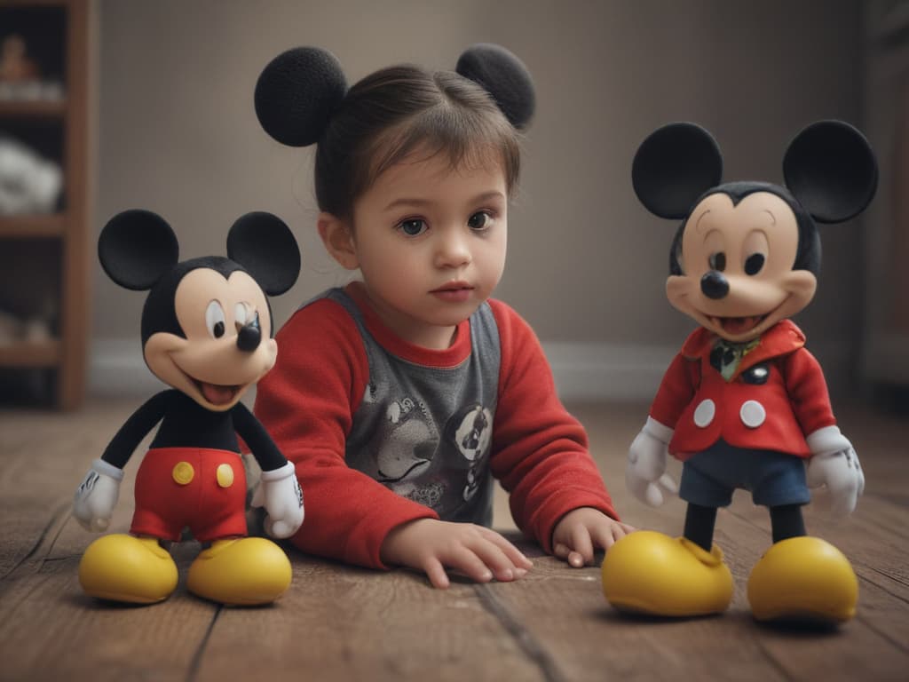 ultra realistic ((ultra realistic ((a child looking at a Mickey Mouse doll)))) hyperrealistic, full body, detailed clothing, highly detailed, cinematic lighting, stunningly beautiful, intricate, sharp focus, f/1. 8, 85mm, (centered image composition), (professionally color graded), ((bright soft diffused light)), volumetric fog, trending on instagram, trending on tumblr, HDR 4K, 8K