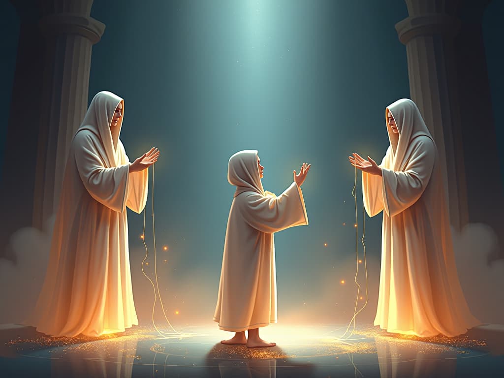  an ethereal stage with beings in luminous robes, their control slipping. glowing strings fall from their hands, reflecting their lost dominance. the atmosphere, one of weakening grip and lost control.. the style is digital art illustration,highly detailed, whimsical,magical, dreamlike atmosphere, realism and fantasy blend, smooth, glossy textures,luminous quality, wonder and enchantment.