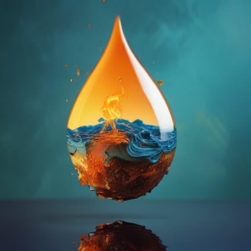 An image of a piece of earth on fire within a water droplet floating around in the air in Van Gogh style with Gradient background