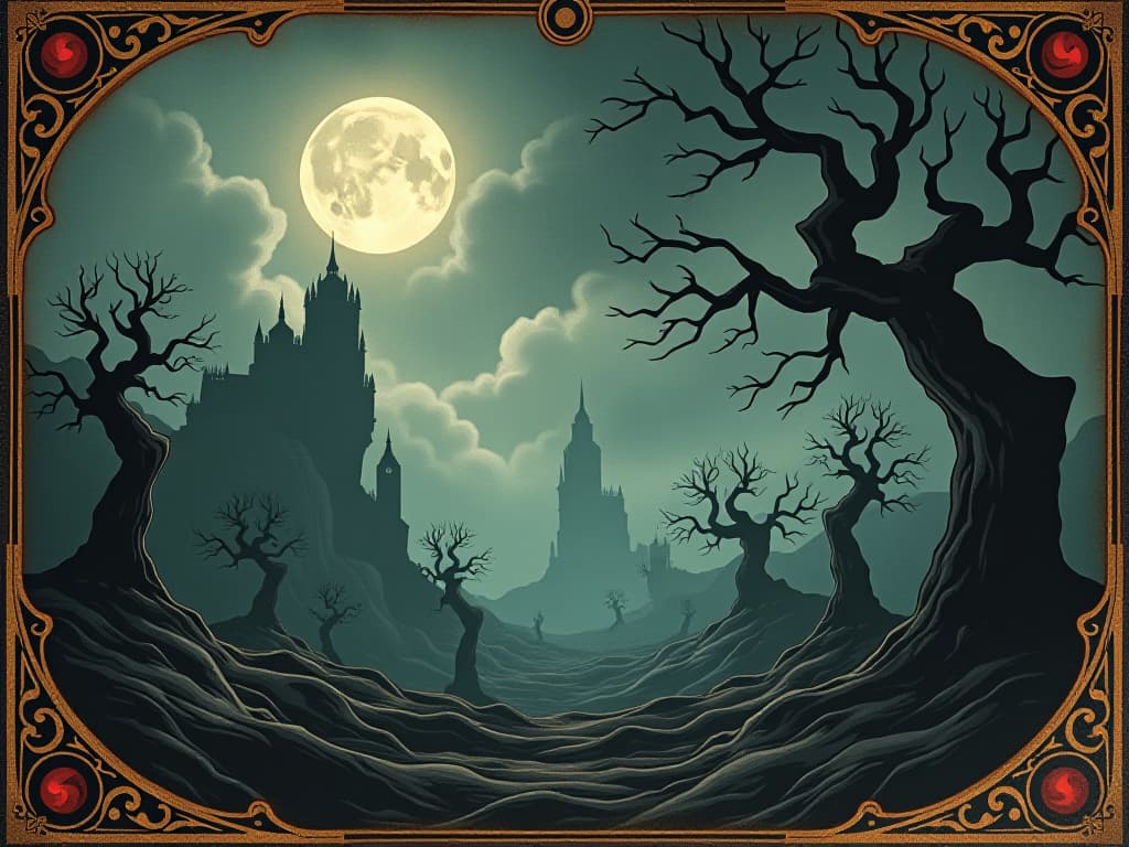  a haunted landscape with darkened skies, twisted trees, and ominous shadows, the sense of disasters and misfortune in the air, foreboding and dreadful. an illustration in the style of a worn, mystical old tarot trump card, mysterious and elements of surrealism. the colors are muted, somber and eerie, but with contrast bring out an occult and esoteric vibe.