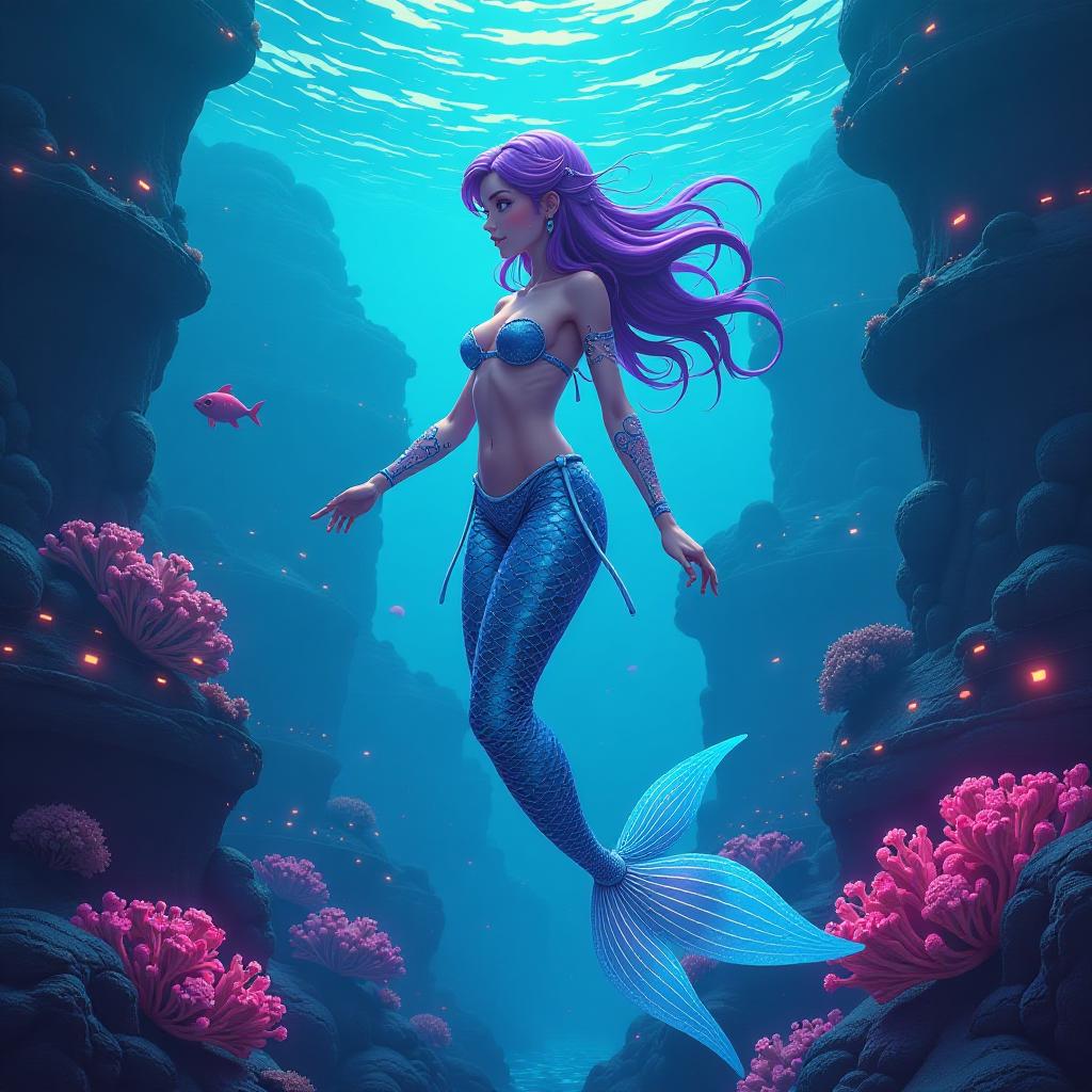  a futuristic cyber mermaid swims gracefully through an underwater city illuminated by neon lights. her scales shimmer with iridescent colors, and she has glowing circuitry patterns running along her arms and tail. the background features vibrant coral reefs and advanced structures, all rendered in a dynamic anime art style.