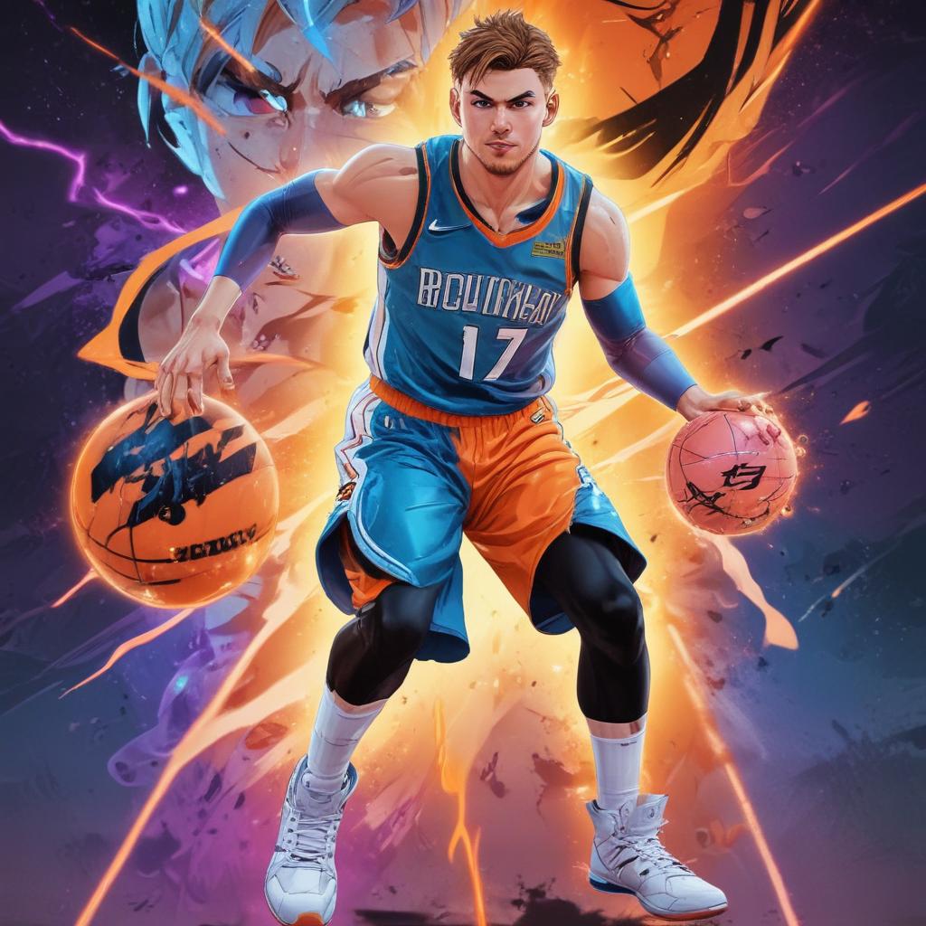 distance-shot, flashy, full-body, dynamic, holographic, animated cartoon poster of luka doncic in the style of dragon ball super