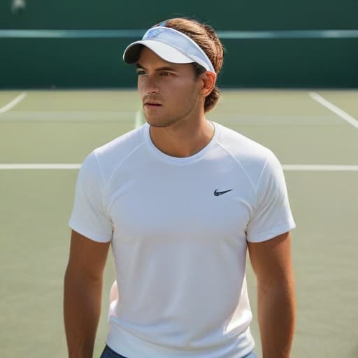 An image of a tennis player wearing a (((sweat-wicking))) shirt, in sporty outfit, looking focused on a tennis court, serving, bright daylight, detailed, realistic.