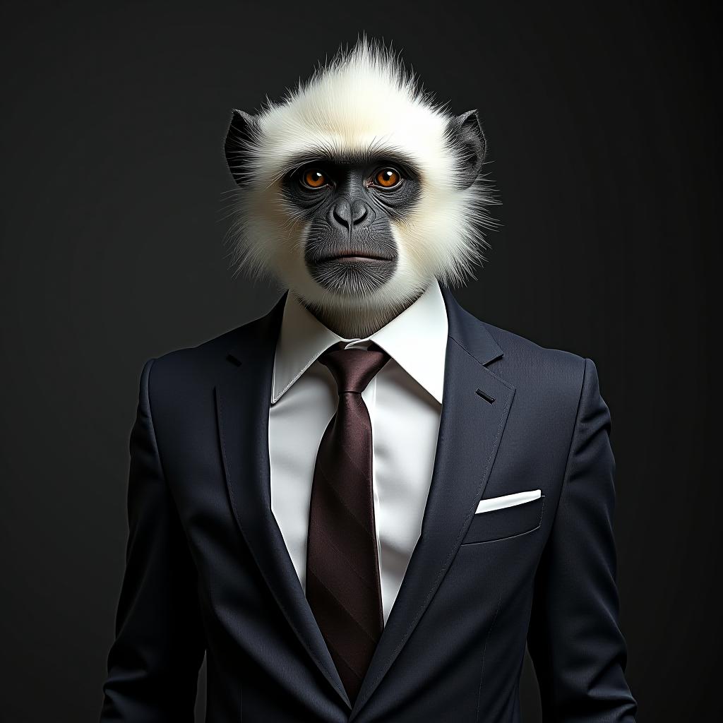  white monkey dressed in an elegant modern suit with a nice tie. fashion portrait of an anthropomorphic animal, shooted in a charismatic human attitude