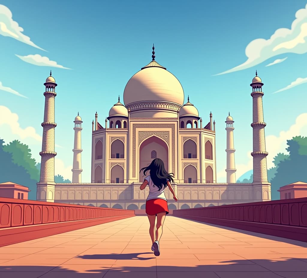  anime, anime sytle, anime image, cartoon, real cartoon, real anime, girl running on taj mahal