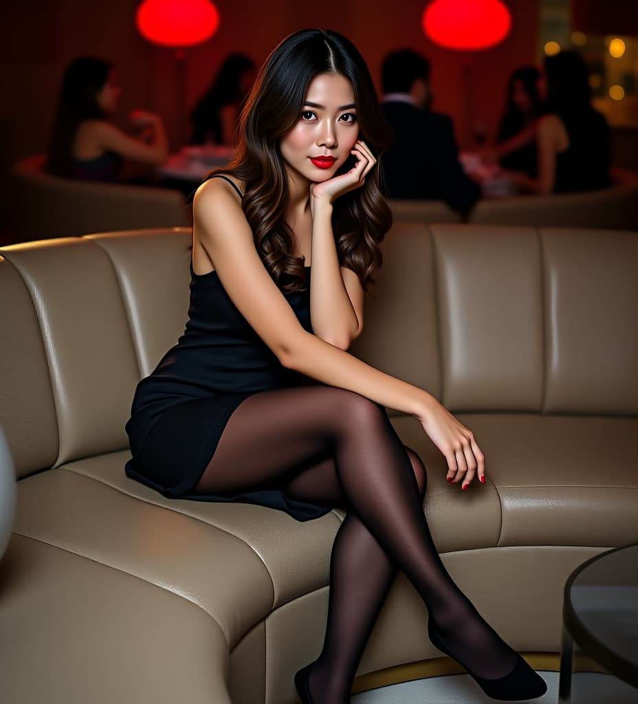  asian woman sitting on a sofa in a party while wearing black cecilia de rafael eterno lucido tights and a dress. red toe polish slightly visible on the toes.