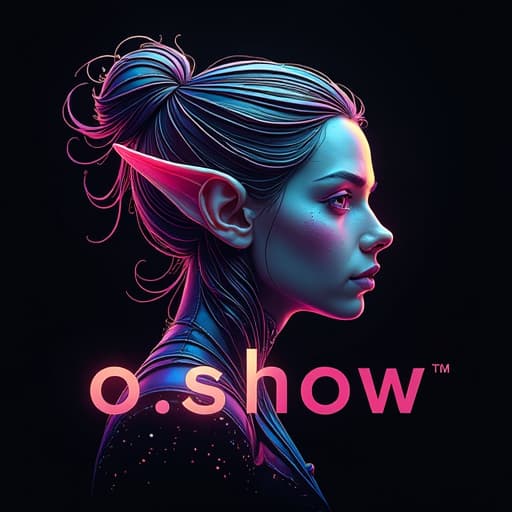  futuristic logoa vibrant, colorful elf face and dancer logo with intricate details, the word "o.show" written in a futuristic font, entire design should be set against a solid black background.given brand name "o.show" logo will also be written hyperrealistic, full body, detailed clothing, highly detailed, cinematic lighting, stunningly beautiful, intricate, sharp focus, f/1. 8, 85mm, (centered image composition), (professionally color graded), ((bright soft diffused light)), volumetric fog, trending on instagram, trending on tumblr, HDR 4K, 8K