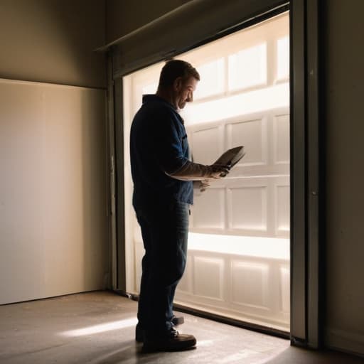 A photo of a skilled technician examining a garage door mechanism in a dimly-lit suburban garage during the late afternoon with a soft glow filtering through dusty windows.