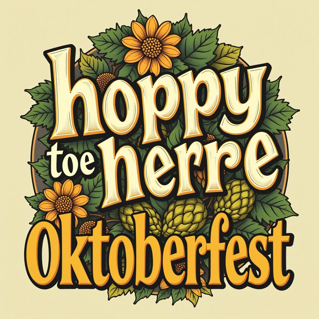  playful 'hoppy to be here.' bold font with hop flower and oktoberfest elements. place the word oktoberfest at the bottom of the image