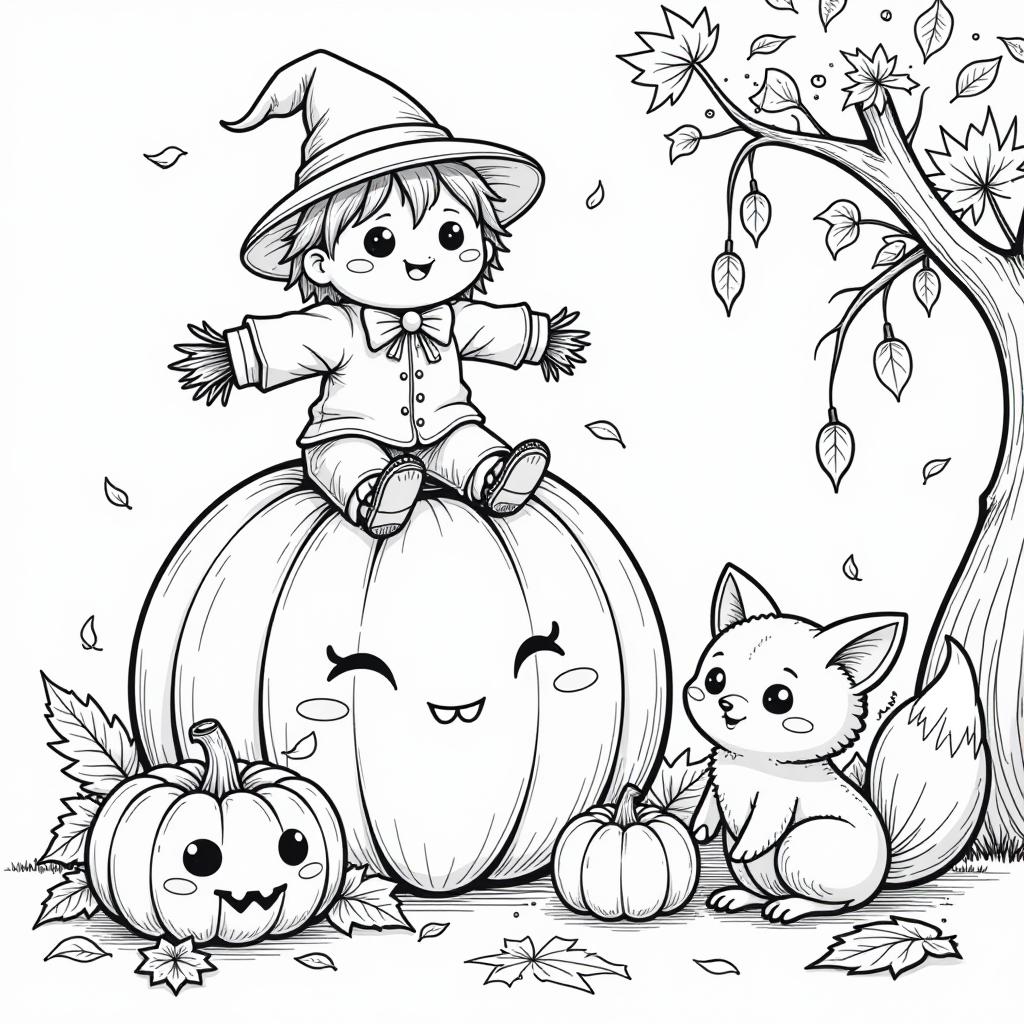  coloring page in line art style. a charming kawaii style pumpkin scene. a kawaii scarecrow sits atop a giant pumpkin with a big smile, while a kawaii fox and kawaii owl gather small pumpkins for decoration. the pumpkins should have cute, carved faces with a variety of expressions. the ground is covered in fallen autumn leaves and tiny magical lights hang from the pumpkin vines. make sure the entire scene uses thick black outlines that are well defined and bold, similar to vector art. each pumpkin, character, and object should have crisp, defined edges, with no shading or gradients., high quality, high details, hd, perfect composition, 4k epic detailed, highly detailed, sharp focus, high resolution