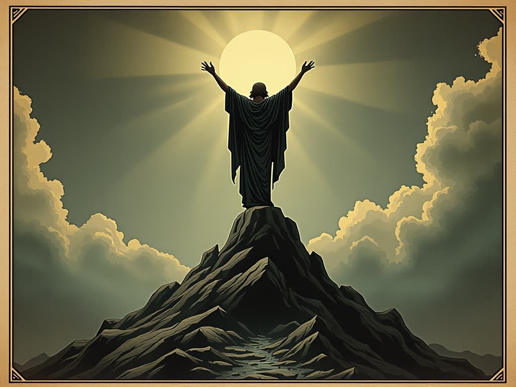  a figure standing on a mountain peak, arms raised to skies, light enveloping him, reclaiming, divine, victorious. an illustration in the style of a worn, mystical old tarot trump card, mysterious and elements of surrealism. the colors are muted, somber and eerie, but with contrast bring out an occult and esoteric vibe.