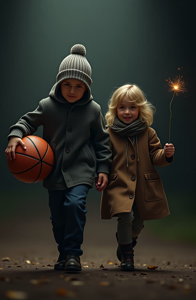  un niño con un balon y una niña llevando una cometa en silueta negra. hyperrealistic, full body, detailed clothing, highly detailed, cinematic lighting, stunningly beautiful, intricate, sharp focus, f/1. 8, 85mm, (centered image composition), (professionally color graded), ((bright soft diffused light)), volumetric fog, trending on instagram, trending on tumblr, HDR 4K, 8K