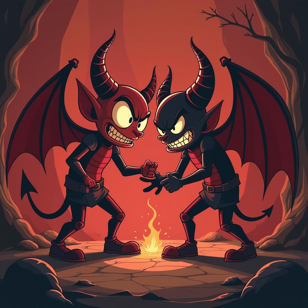  ludo game vs devil ai old cuphead cartoon style 2d basic color palette (the devil is very evil and angry), high quality, high details, hd, perfect composition, 4k epic detailed, highly detailed, sharp focus, high resolution