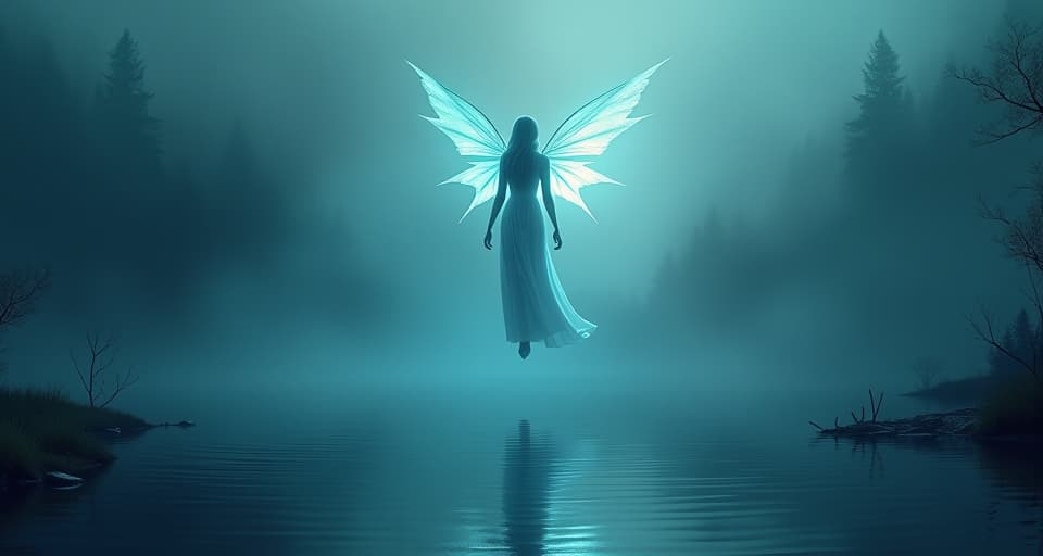  an ethereal spirit with luminescent wings, floating above a misty, magical lake. the lake's surface darkens, hinting at clouded thoughts and rising doubts.. the style is digital art illustration,highly detailed, whimsical,magical, dreamlike atmosphere, realism and fantasy blend, smooth, glossy textures,luminous quality, wonder and enchantment.