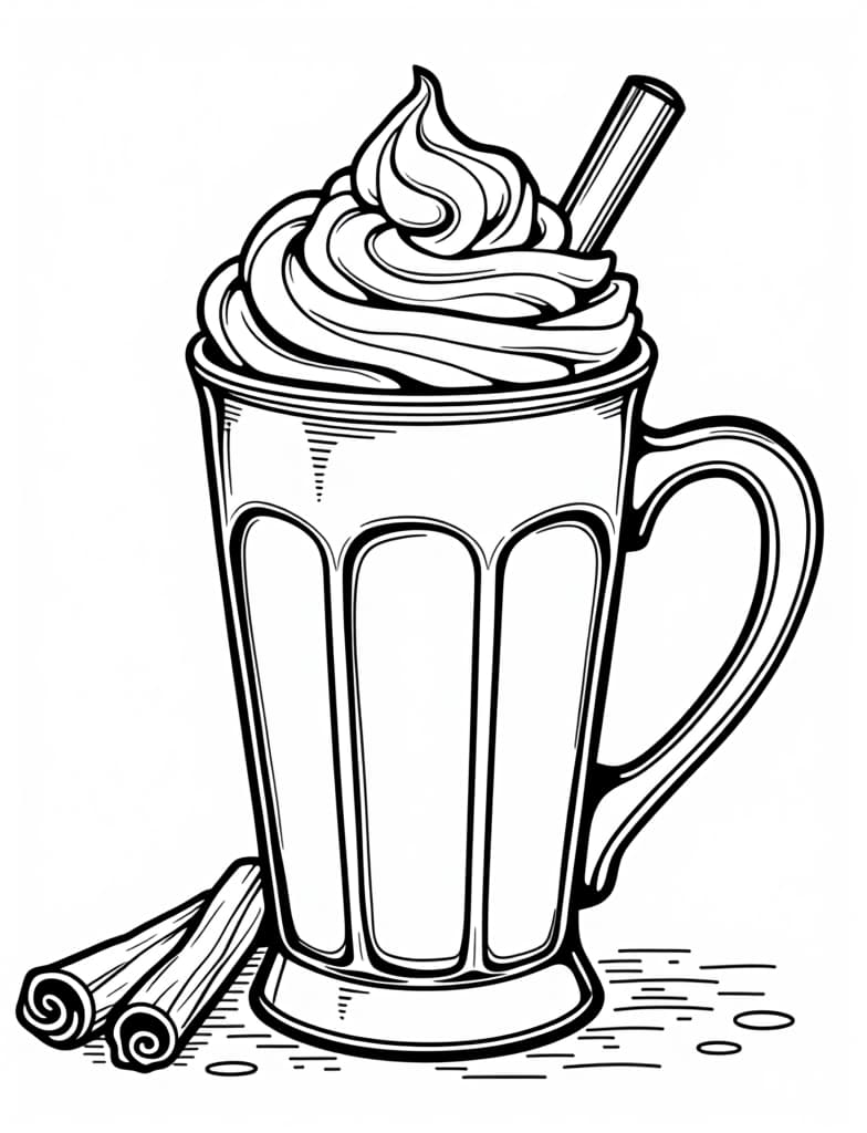  a pumpkin spice latte with whipped cream and cinnamon, black and white line art on a white background, for an adult coloring page.