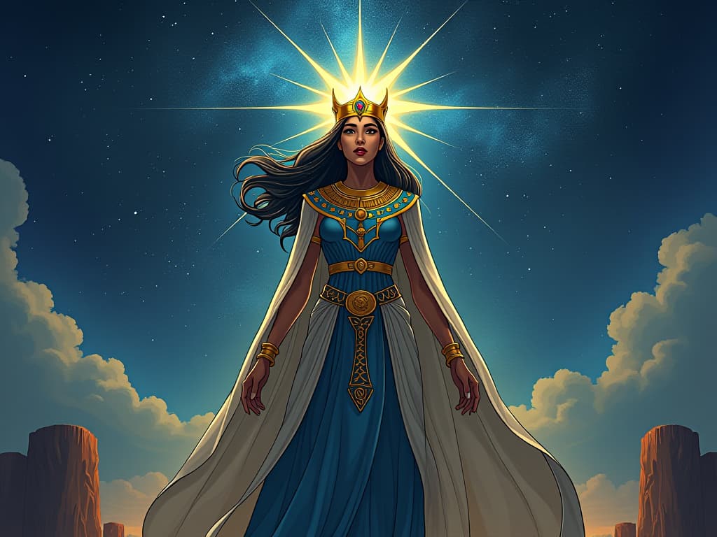  a high priestess, standing under a starry sky, celestial energy flowing through her, symbolizing embodiment of universal light. the style is digital art illustration / modern comic book / mysterious occult, symbolic, esoteric vibe,high detail on character design, incorporating ancient egyptian symbology and attire.