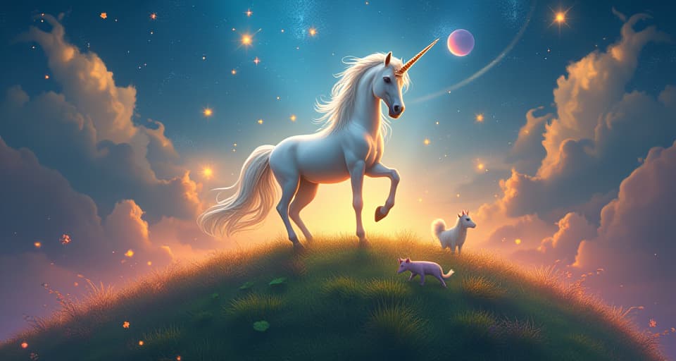  radiant unicorn standing atop a lush, glowing hill, surrounded by translucent stars and magical creatures, encapsulating the courage to step into true power.. the style is digital art illustration,highly detailed, whimsical,magical, dreamlike atmosphere, realism and fantasy blend, smooth, glossy textures,luminous quality, wonder and enchantment.