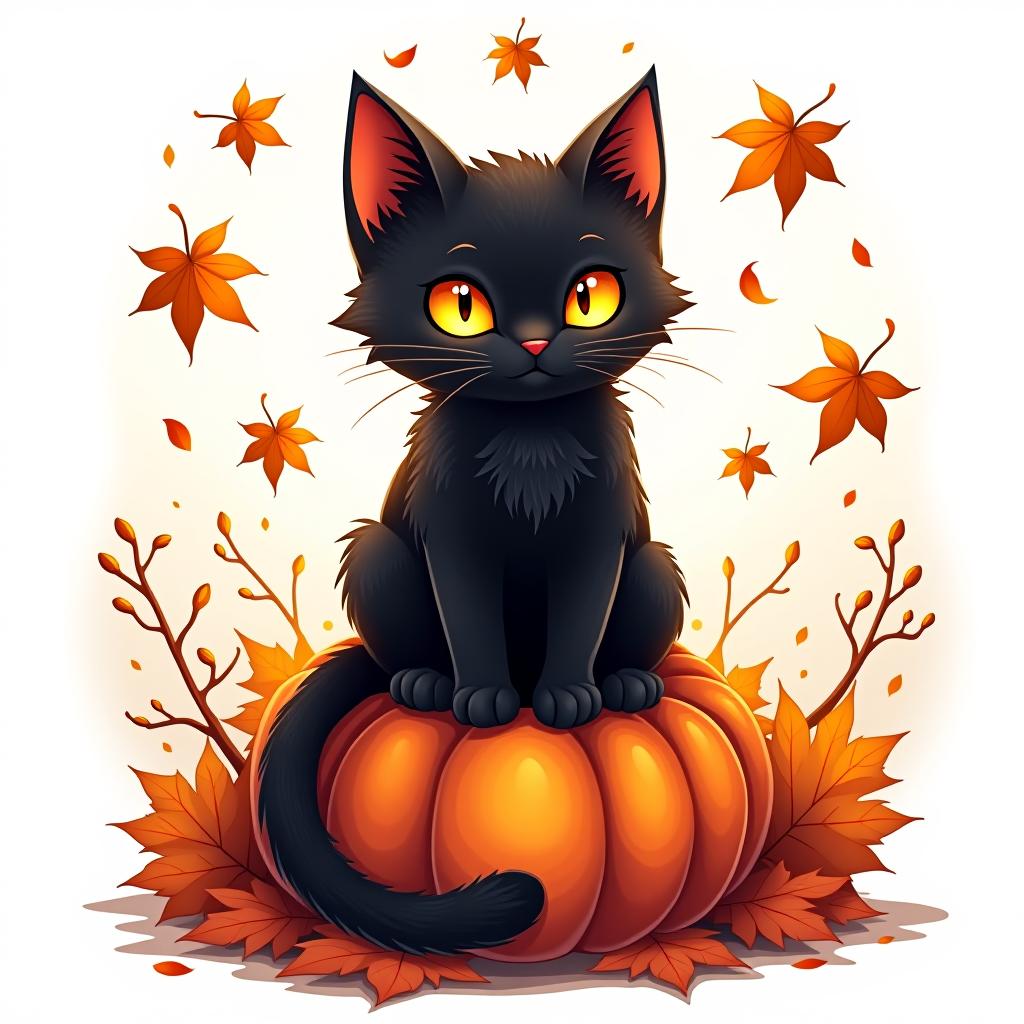  a cute black cat with glowing eyes sitting on a pumpkin, surrounded by swirling autumn leaves in a whimsical style, with warm, moody lighting. t shirt design, vector, contour, white background, no mockup hyperrealistic, full body, detailed clothing, highly detailed, cinematic lighting, stunningly beautiful, intricate, sharp focus, f/1. 8, 85mm, (centered image composition), (professionally color graded), ((bright soft diffused light)), volumetric fog, trending on instagram, trending on tumblr, HDR 4K, 8K