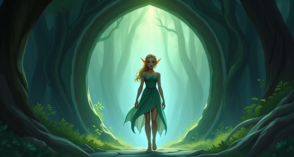  a serene elf with a determined gaze, stepping through an ethereal doorway. symbolizing exposure of falsehoods, mystical forest setting.. the style is digital art illustration,highly detailed, whimsical,magical, dreamlike atmosphere, realism and fantasy blend, smooth, glossy textures,luminous quality, wonder and enchantment.