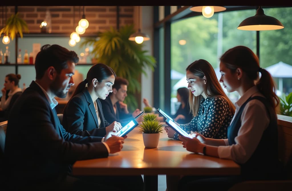  "an inviting and futuristic café interior, where a diverse group of people engage with sleek, tablet like devices that display glowing, holographic ai avatars. the atmosphere is warm and vibrant, with soft lighting and lush greenery, blending technology and nature. each device showcases unique ai personalities, visually representing the conversation happening between humans and artificial intelligence in a smooth, harmonious setting." hyperrealistic, full body, detailed clothing, highly detailed, cinematic lighting, stunningly beautiful, intricate, sharp focus, f/1. 8, 85mm, (centered image composition), (professionally color graded), ((bright soft diffused light)), volumetric fog, trending on instagram, trending on tumblr, HDR 4K, 8K