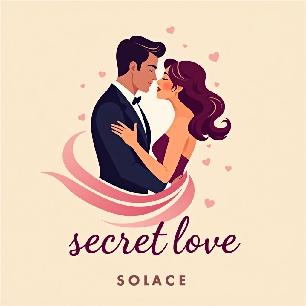  design a romantic logo led 'secret love solace.' the logo should feature a stylish and elegant design with a and a depicted in a loving, pose. the is portrayed as charming and suave, while the is shown as attractive and graceful. incorporate soft, flowing lines and romantic elements like hearts or intertwined designs. use a color palette of warm, romantic hues such as soft pinks, purples, and golds. the text 'secret love solace' should be integrated into the design in a sophisticated, cursive font that enhances the overall romantic theme.