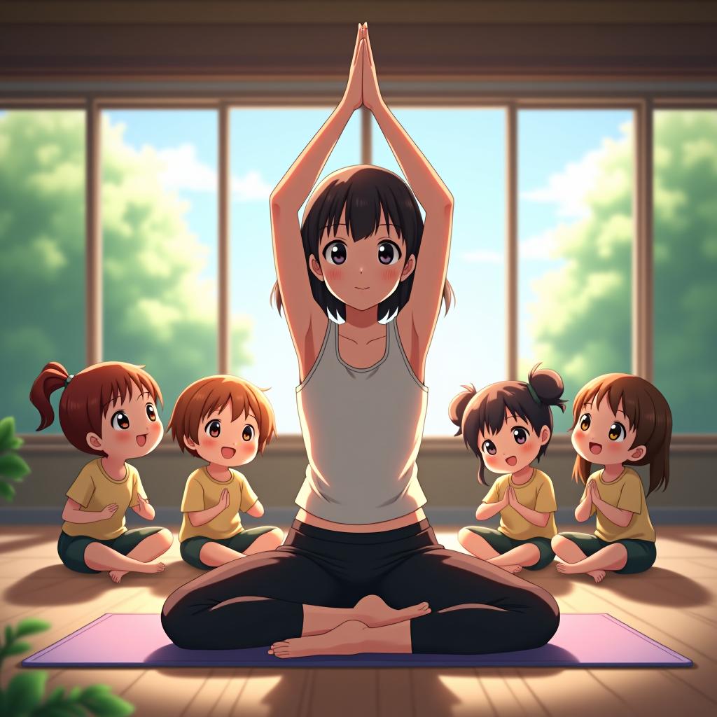  a girl is doing yoga, while anime children are around her.