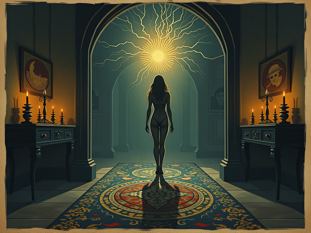  atmosphere crackling, charged room, electric tension. an illustration in the style of a worn, mystical old tarot trump card, mysterious and elements of surrealism. the colors are muted, somber and eerie, but with contrast bring out an occult and esoteric vibe.