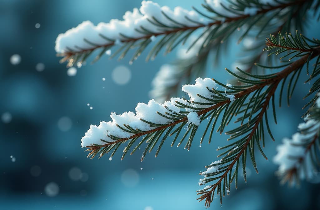  professional detailed photography, christmas fluffy tree, fir branches soft and fluffy, covered with snow, atmospheric fir needles long and short, natural, on a festive blurred blue bokeh background. ar 3:2, (muted colors, dim colors, soothing tones), (vsco:0.3)