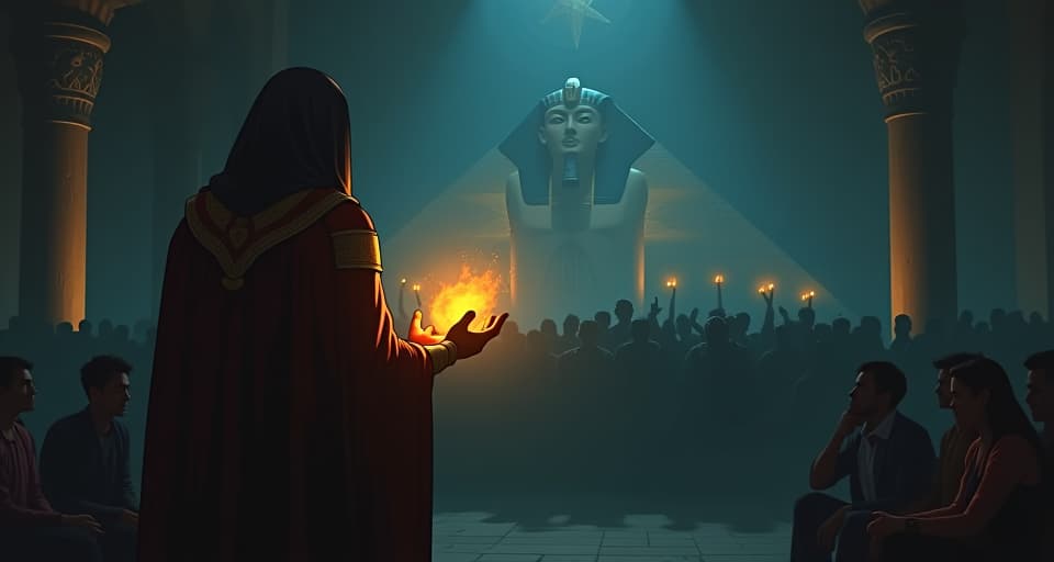  a figure in a dim room, holding a rare artifact with a glowing aura, a larger audience in awe, a scene of serendipitous discovery. the style is digital art illustration / modern comic book / mysterious occult, symbolic, esoteric vibe,high detail on character design, incorporating ancient egyptian symbology and attire.