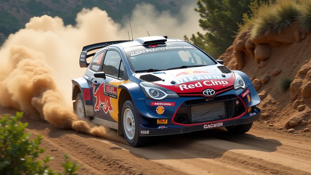  create an image of the iconic rally driver sebastien ogier in action at rally chile. show him driving the gr yaris with intense focus and determination. the scene should capture the moment of his tire puncture on friday, with a dramatic close up of the broken bolt on the front suspension that led to his retirement. include subtle hints of fading championship hopes, symbolized by a distant image of thierry neuville's car speeding ahead. in the background, depict the rugged terrain of rally chile