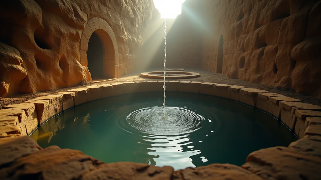  history of biblical times, the perspective of a well in gerar, deep and clear, symbolizing sustenance and survival. hyperrealistic, full body, detailed clothing, highly detailed, cinematic lighting, stunningly beautiful, intricate, sharp focus, f/1. 8, 85mm, (centered image composition), (professionally color graded), ((bright soft diffused light)), volumetric fog, trending on instagram, trending on tumblr, HDR 4K, 8K