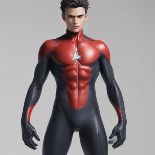 skinny and hot hero anime in a tight suit, with rather small s