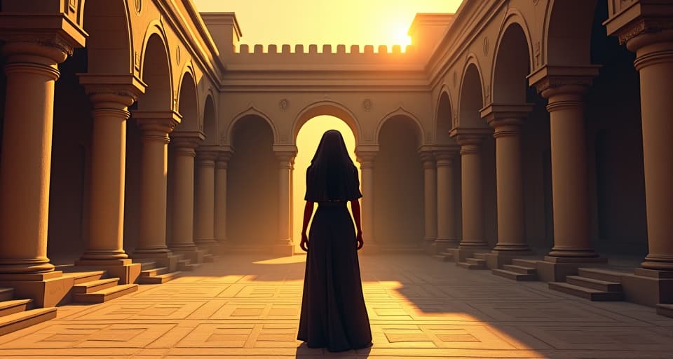  ancient courtyard, elegantly dressed nobility subtly stepping back, evening light casting long shadows, air charged with electricity, symbolizing avoidance. the style is digital art illustration / modern comic book / mysterious occult, symbolic, esoteric vibe,high detail on character design, incorporating ancient egyptian symbology and attire.