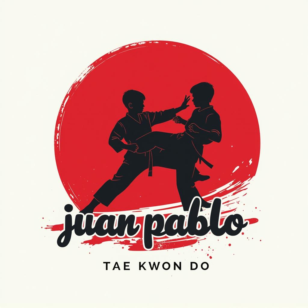  design a logo, in a minimalism style. logotipo de emblema, con el texto escrito ‘juan pablo”’, tema de tae kwon do , negro blanco y rojo, incluye silueta de joven combatiendo en tae kwon do