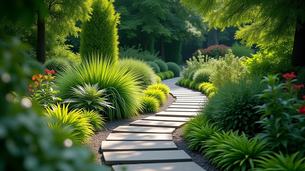  gray stone pathway winding through a lush garden, 4k hyperrealistic photo