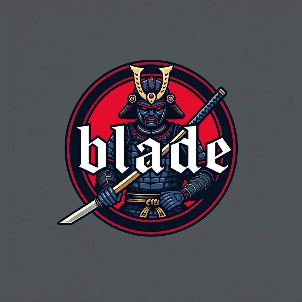  logo, emblem logo, with the written text ‘blade’, samurai theme, red and blue.