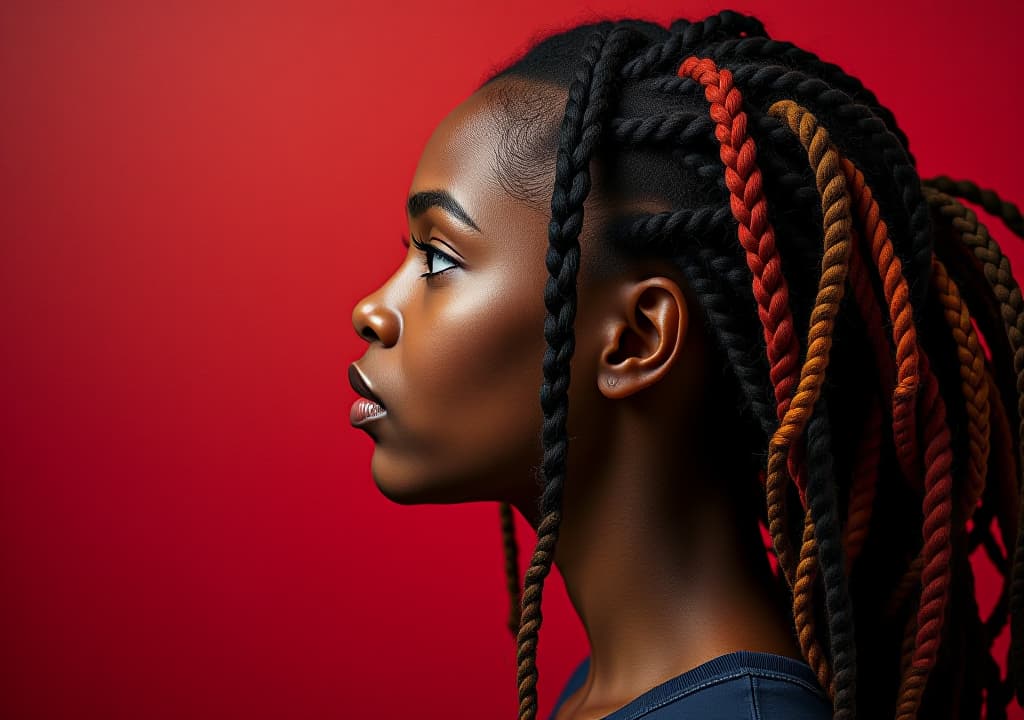  profile of a thoughtful woman with colorful dreadlocks against a striking red and black background