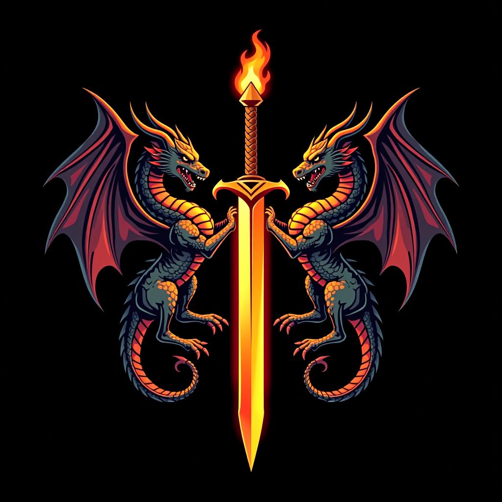  design a logo, custom sticker design on an isolated black background decorated by mythical dragons and a flaming sword