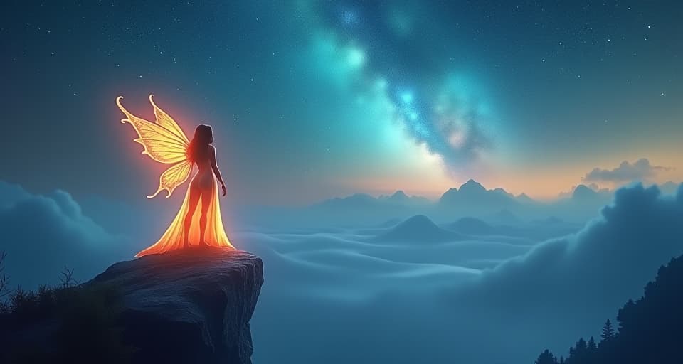  mystical fairy standing on a glowing rock, looking out over a peaceful landscape under a brightly lit, starry sky; the scene's tranquil colors and stillness evoking a surreal sense of peace.. the style is digital art illustration,highly detailed, whimsical,magical, dreamlike atmosphere, realism and fantasy blend, smooth, glossy textures,luminous quality, wonder and enchantment.