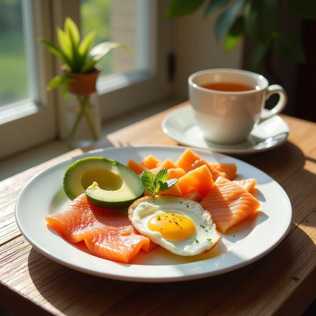  healthy breakfast with eggs, avocado, salmon and hot tea on the table sunny day {prompt}, maximum details